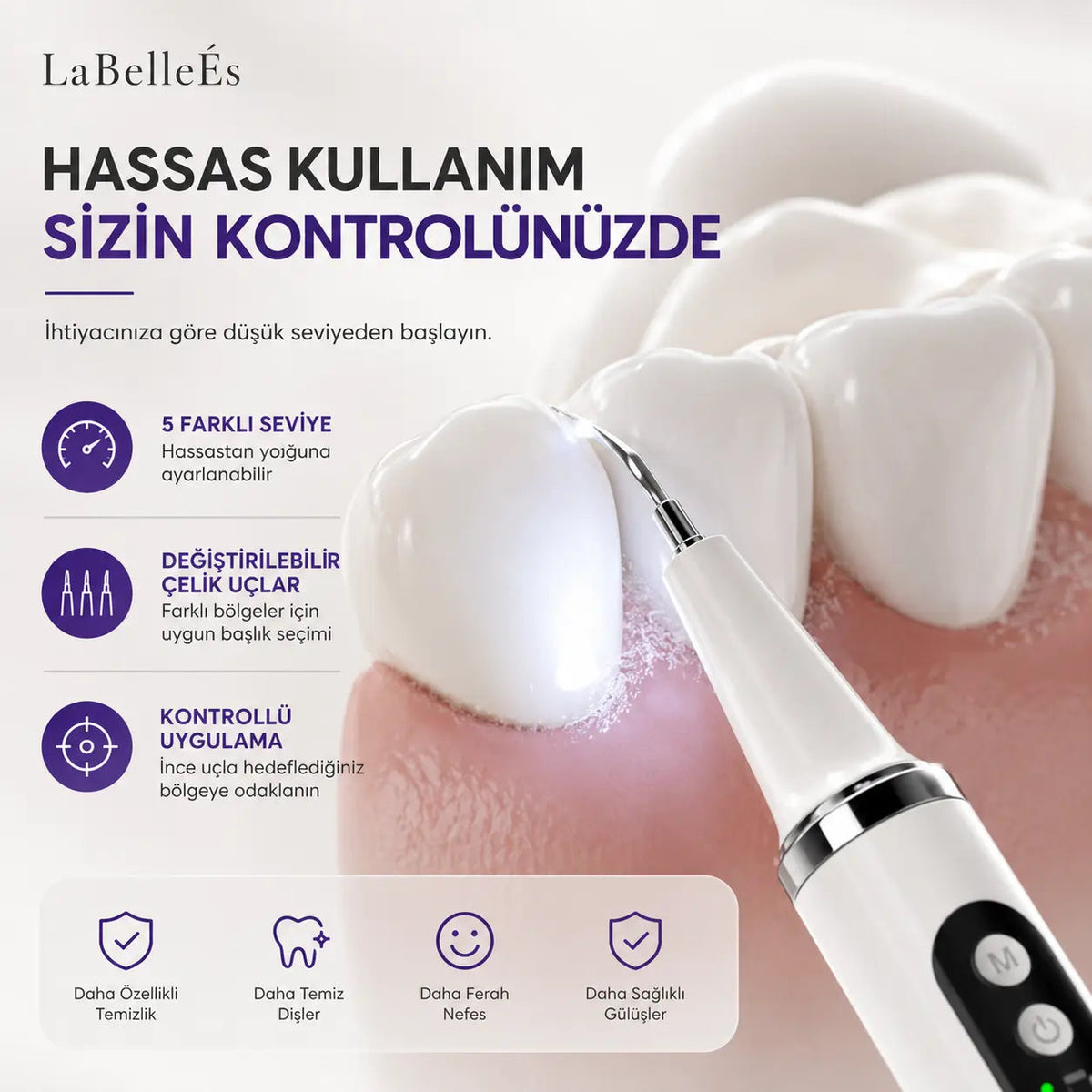 LaBelleÉs SmilePro™ Ultrasonik Diş Taşı Temizleyici – 5 Modlu LED’li Profesyonel Bakım Cihazı
