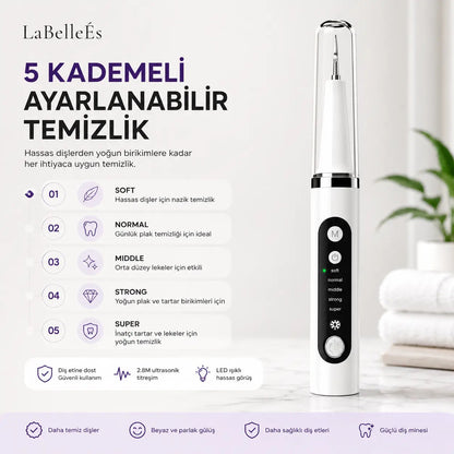 LaBelleÉs SmilePro™ Ultrasonik Diş Taşı Temizleyici – 5 Modlu LED’li Profesyonel Bakım Cihazı