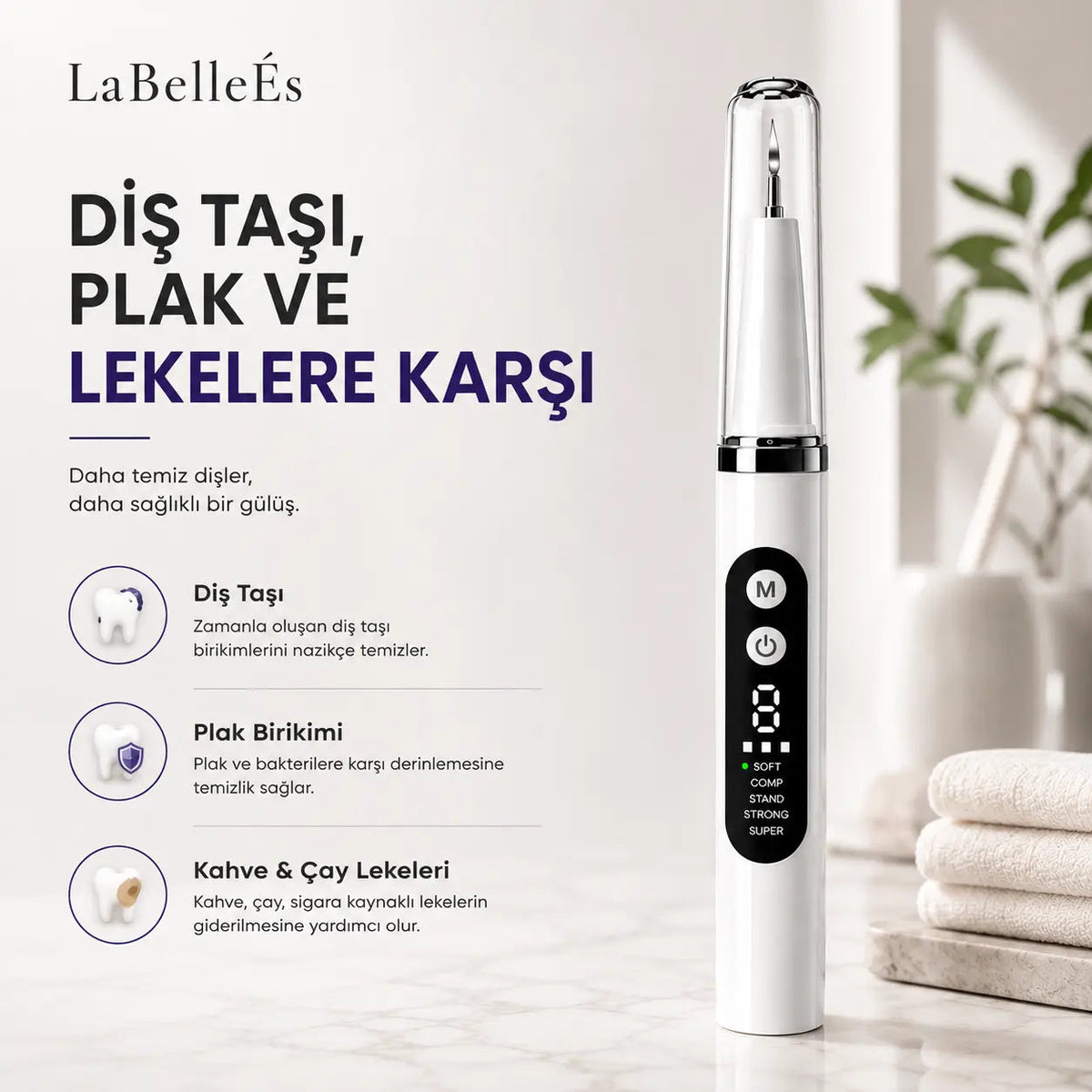 LaBelleÉs SmilePro™ Ultrasonik Diş Taşı Temizleyici – 5 Modlu LED’li Profesyonel Bakım Cihazı